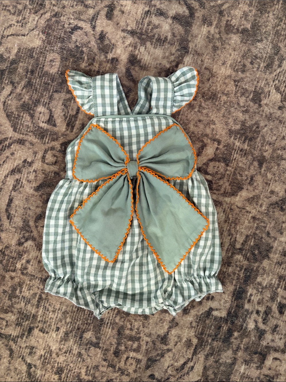 Green Gingham Baby One-Piece with Orange-Trim Bow